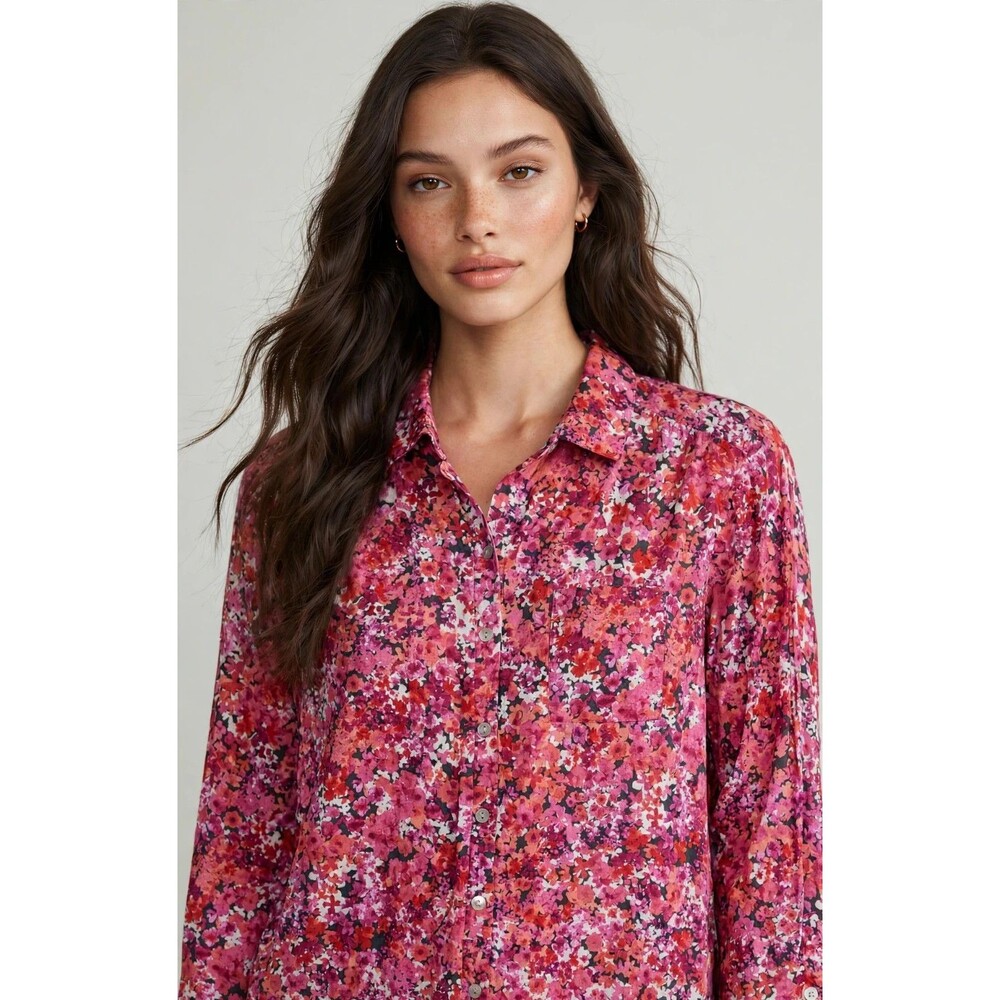 J.Jill Floral Button Down Shirt Womens XL Petite Pink Red Cotton Long Sleeve